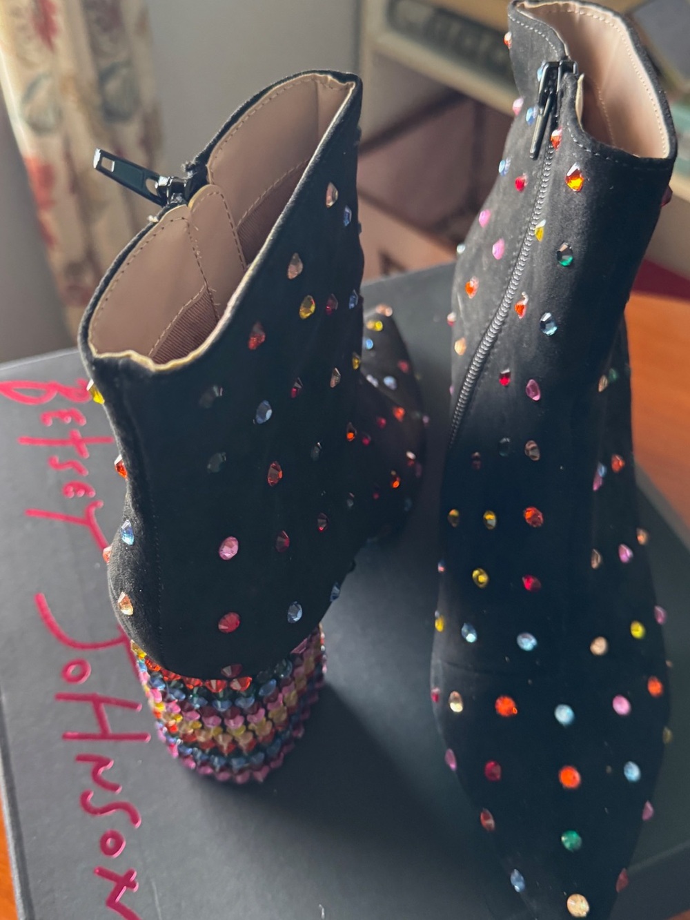 Betsey Johnson Black Ankle Boots with Multicolor Gem Embellishments